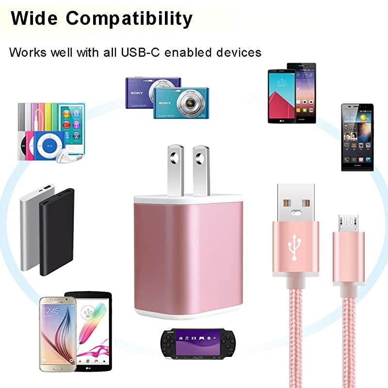 Wall Charger Micro USB Cable  21A Dual Port USB Wall Charger Plug Charging Cube Brick with 2Pack 6ft Micro USB Cable Charger for Samsung Galaxy S6 S7 Edge M10 J3 J7 LG G3 G4 K20 K30 Plus