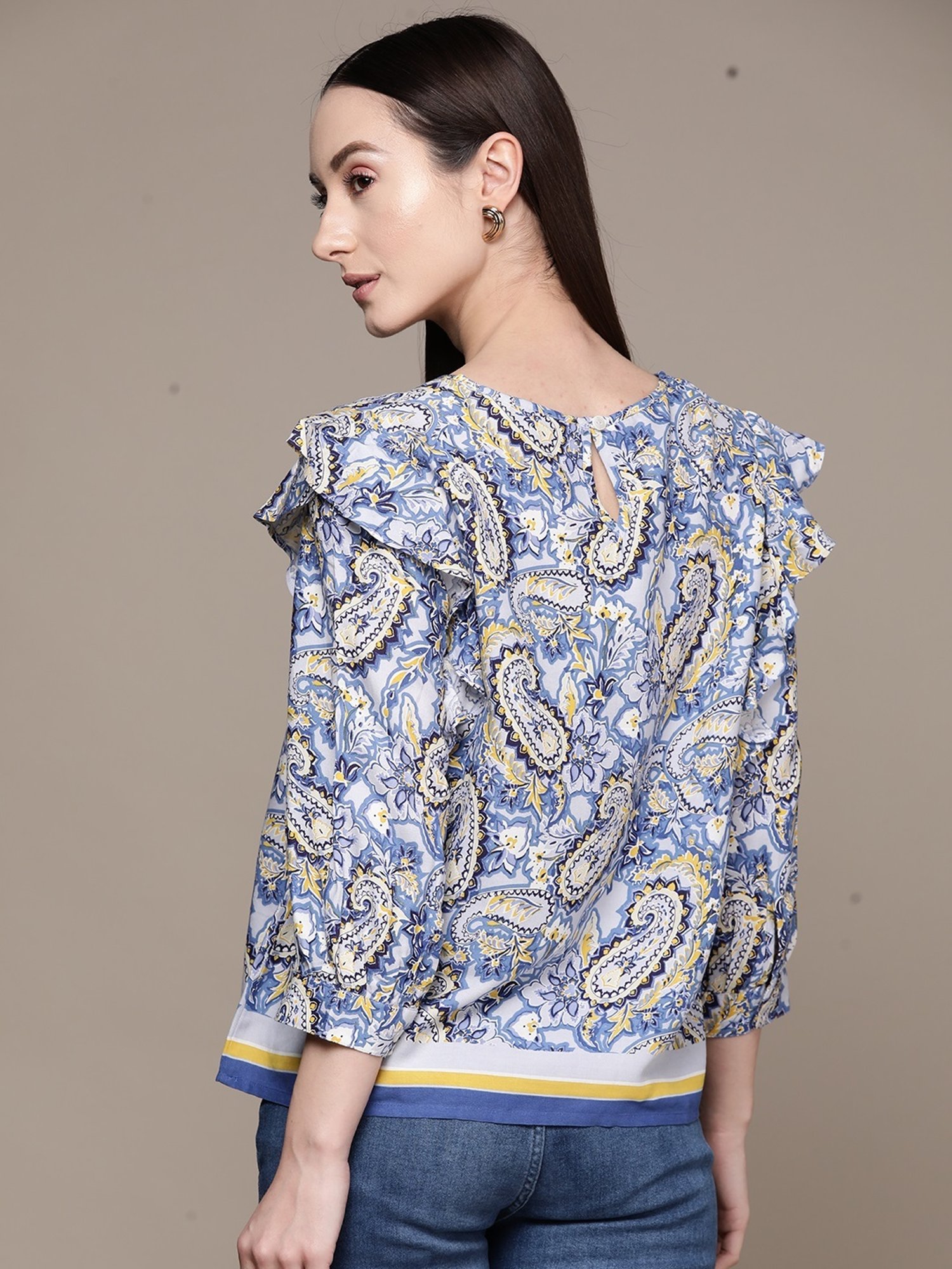 Label Ritu Kumar Navy Blue Rayon Paisley Top