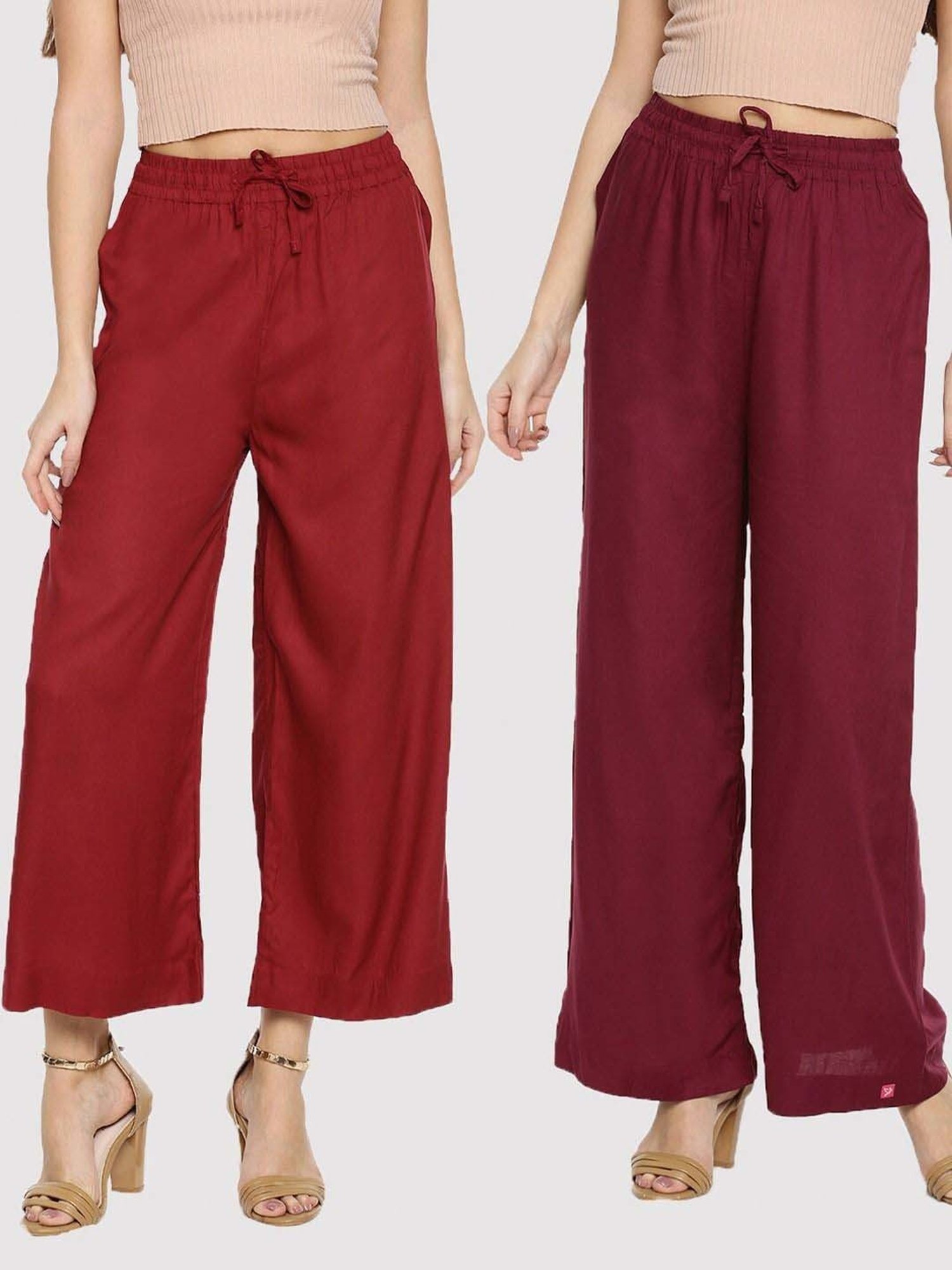 TWIN BIRDS Maroon & Rust Mid Rise Palazzos - Pack Of 2