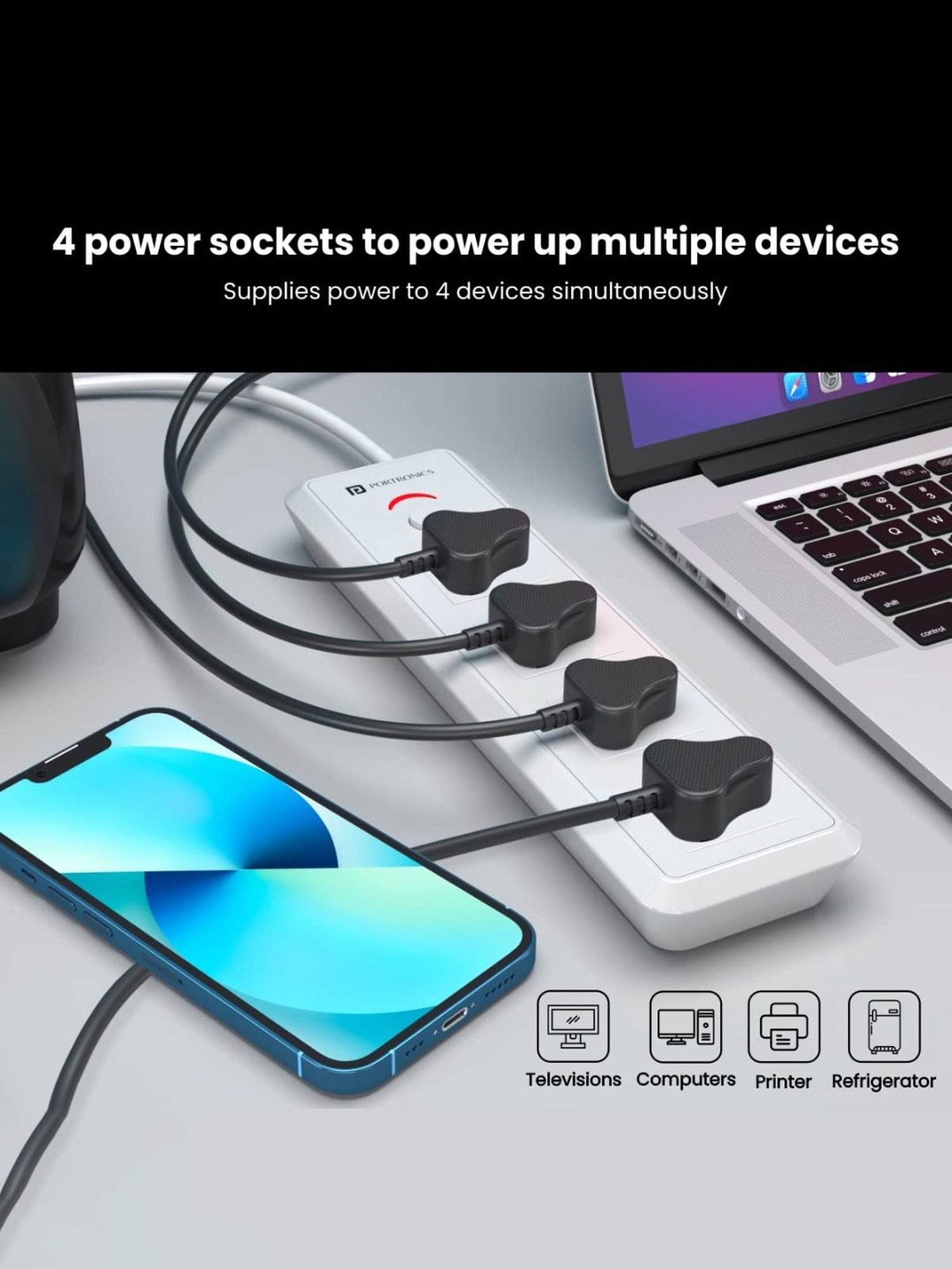 Portronics Power Plate 11 1500W Power Converter with 4 Power Sockets, 3M Cord Length (White)