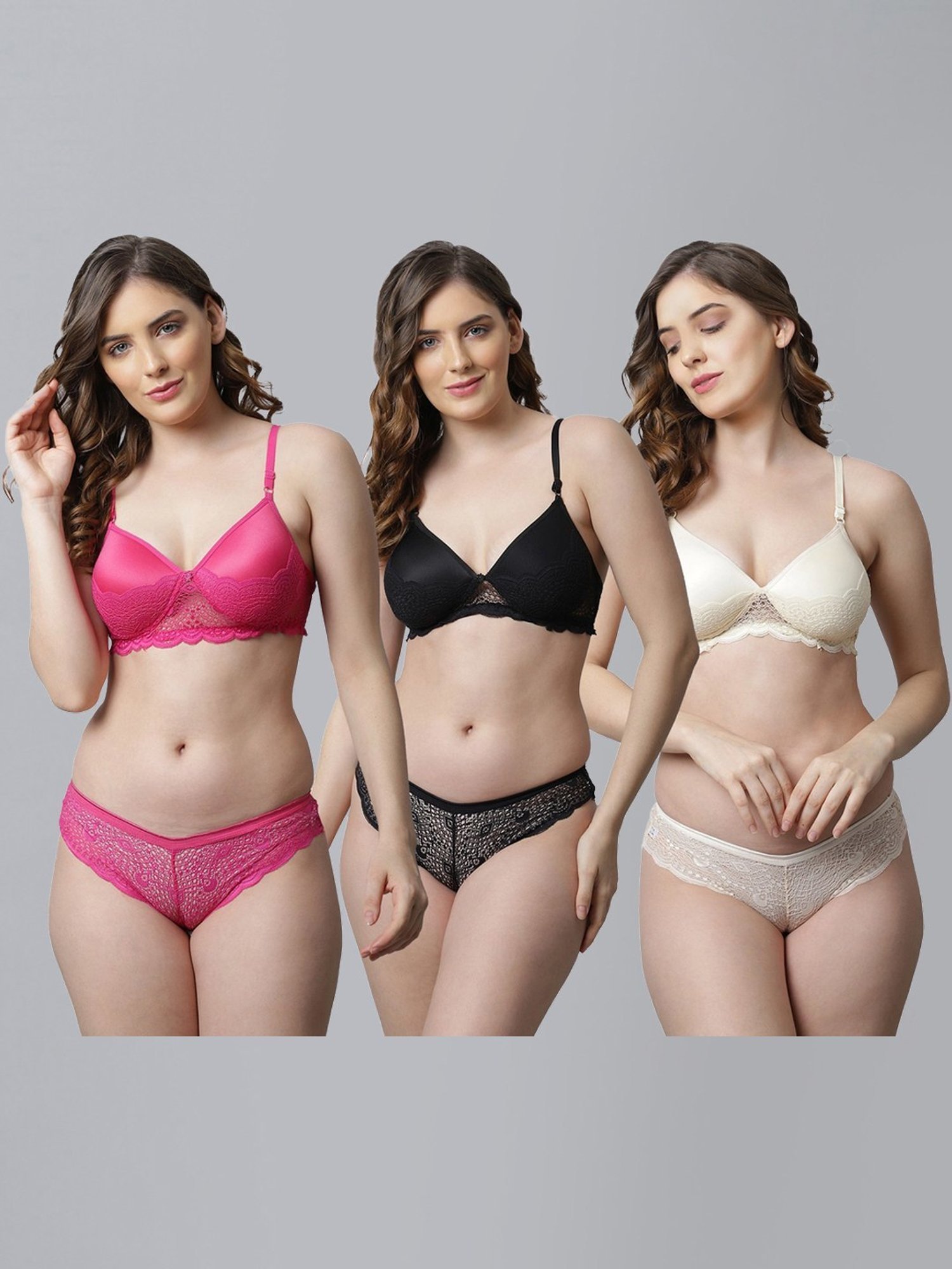 AROUSY Pink & Black Cotton Self Pattern Bra Panty Set - Pack Of 3