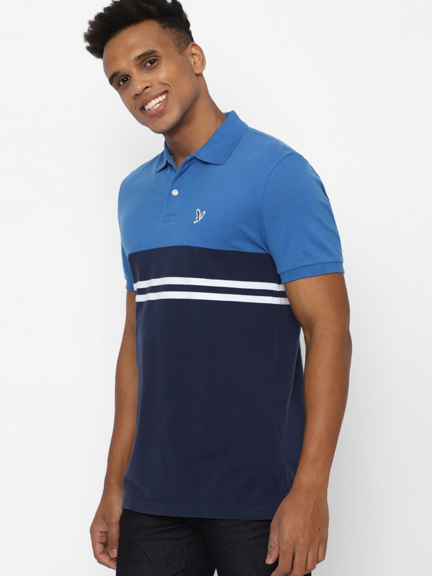American Eagle Outfitters Navy Cotton Regular Fit Colour Block Polo T-Shirt