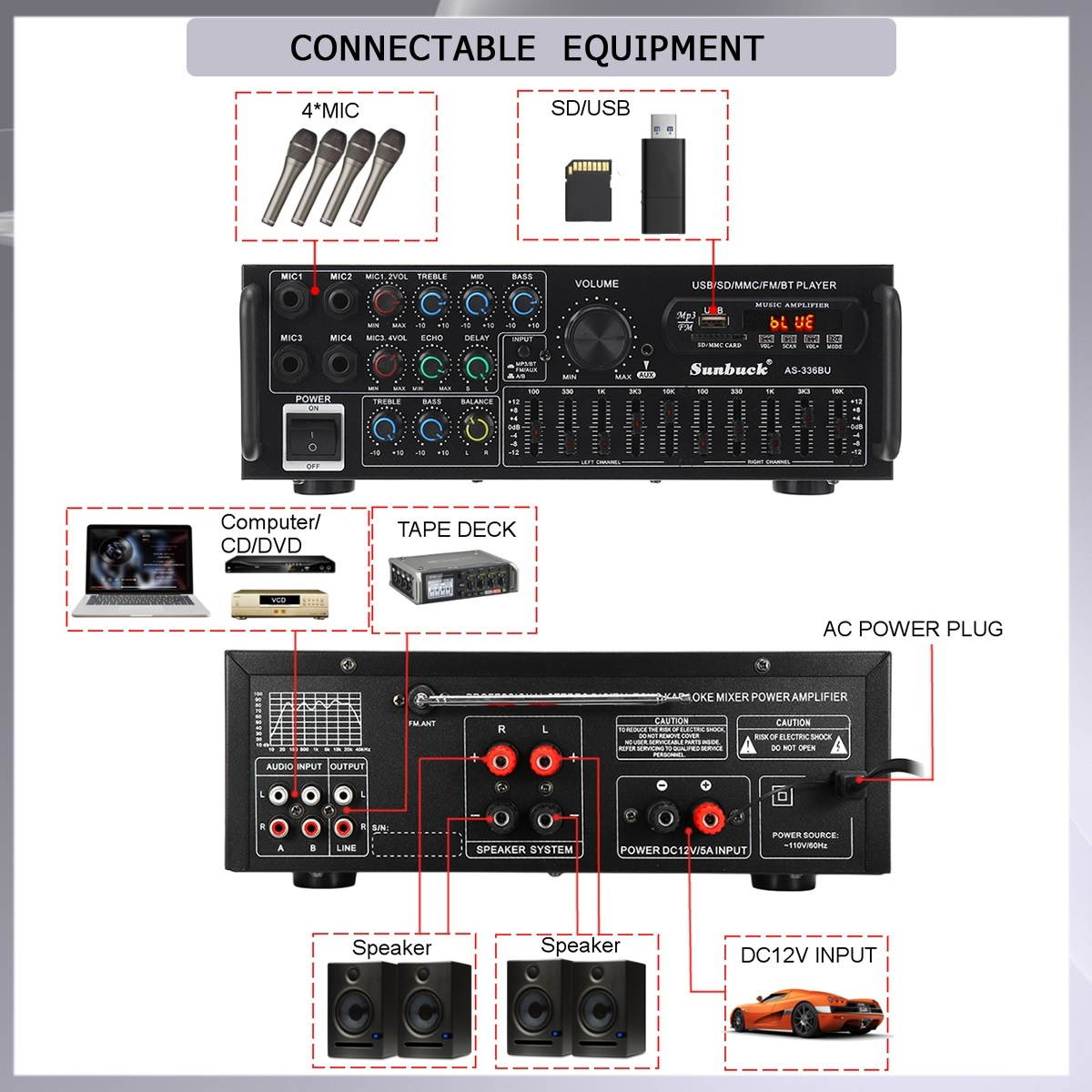2000W bluetooth Stereo Amplifier Surround Sound USB SD AMP FM DVD AUX LCD Display Home Cinema Karaoke Remote Control