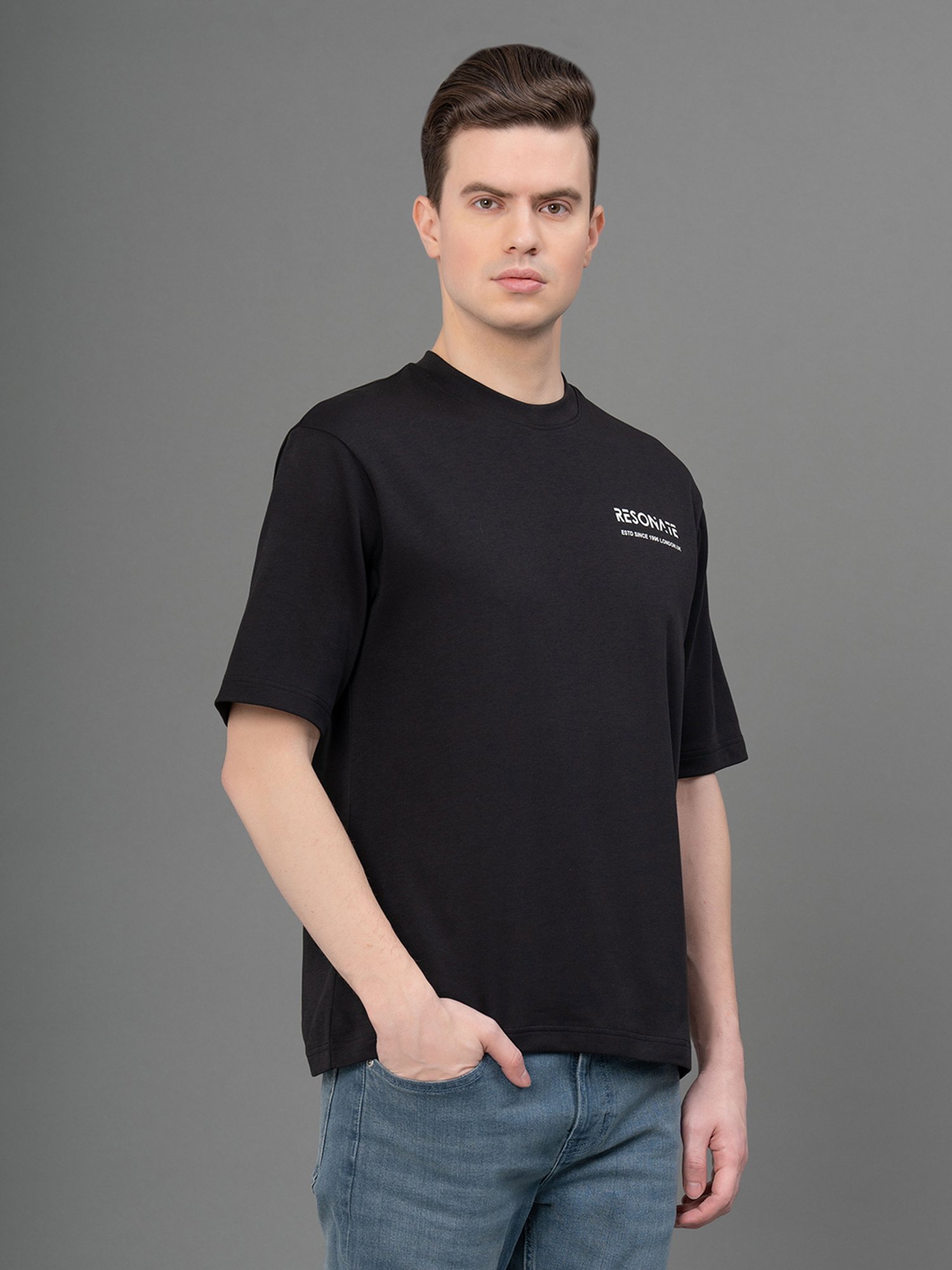 Red Tape Black Regular Fit Printed Crew T-Shirt