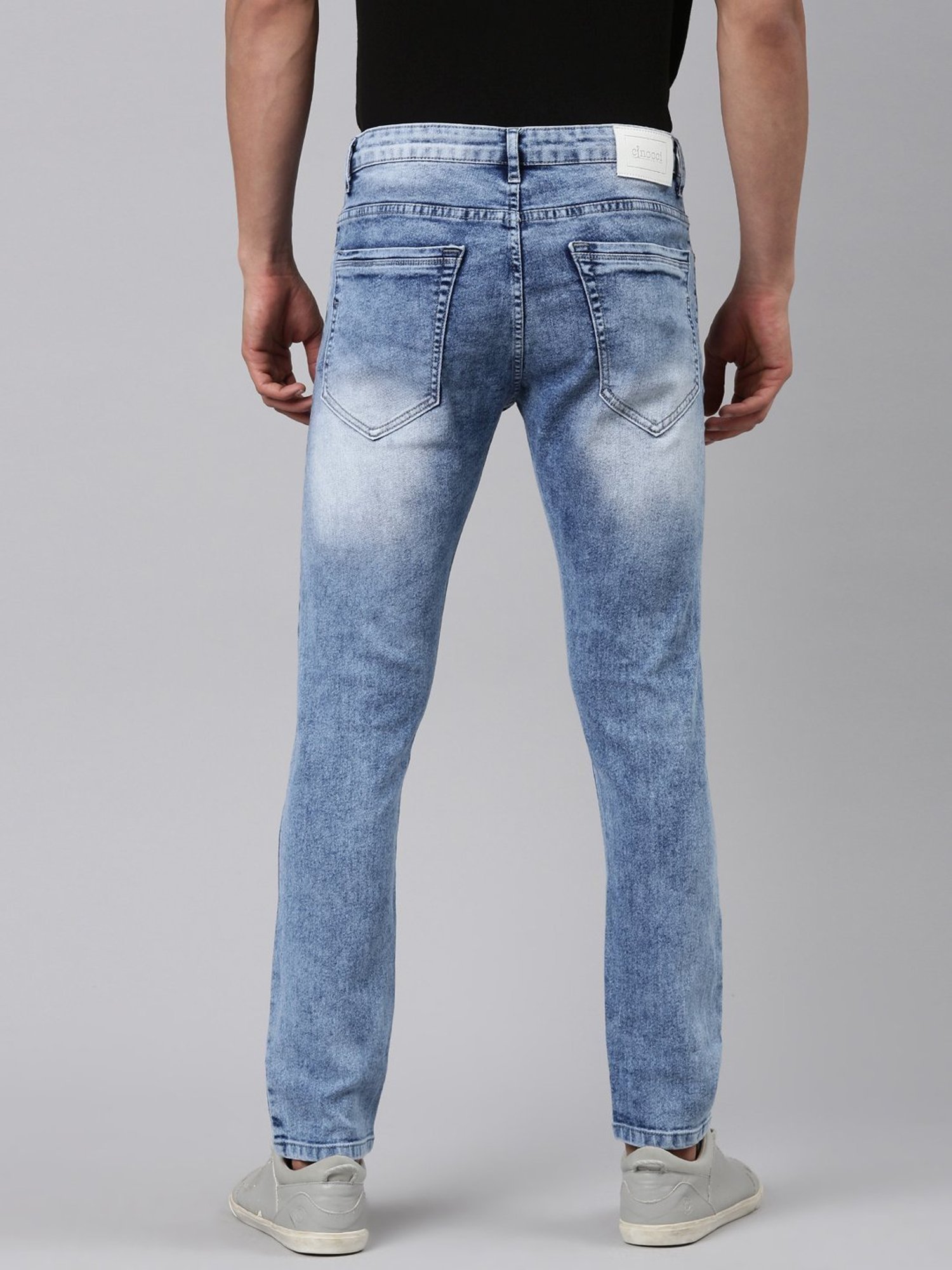 CINOCCI Light Blue Cotton Slim Fit Distressed Jeans