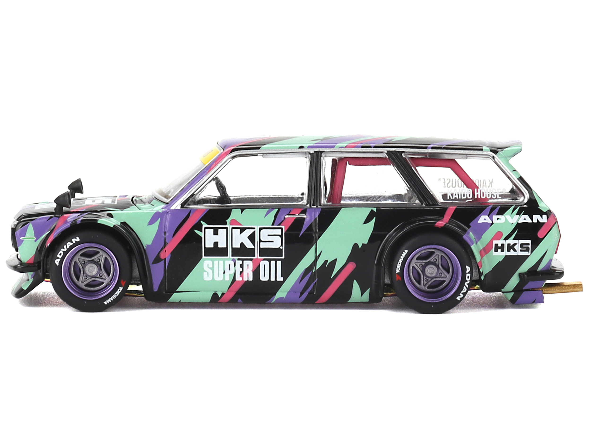 Datsun 510 Wagon RHD (Right Hand Drive) "HKS V1" Black with Graphics (Designed by Jun Imai) "Kaido House" Special 1/64 Diecast Model Car by Mini GT