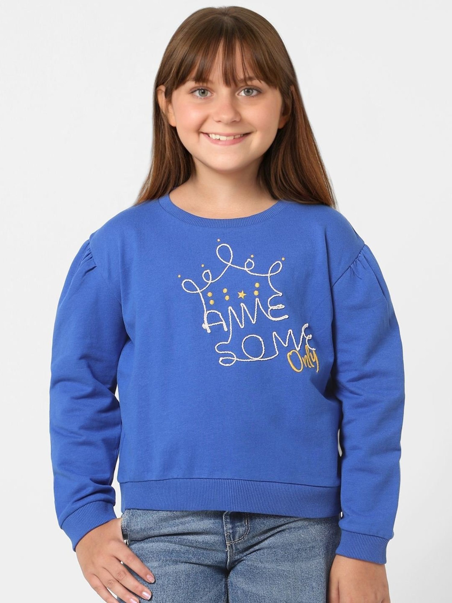 KIDS ONLY Blue Cotton Embroidered Full Sleeves Sweatshirt