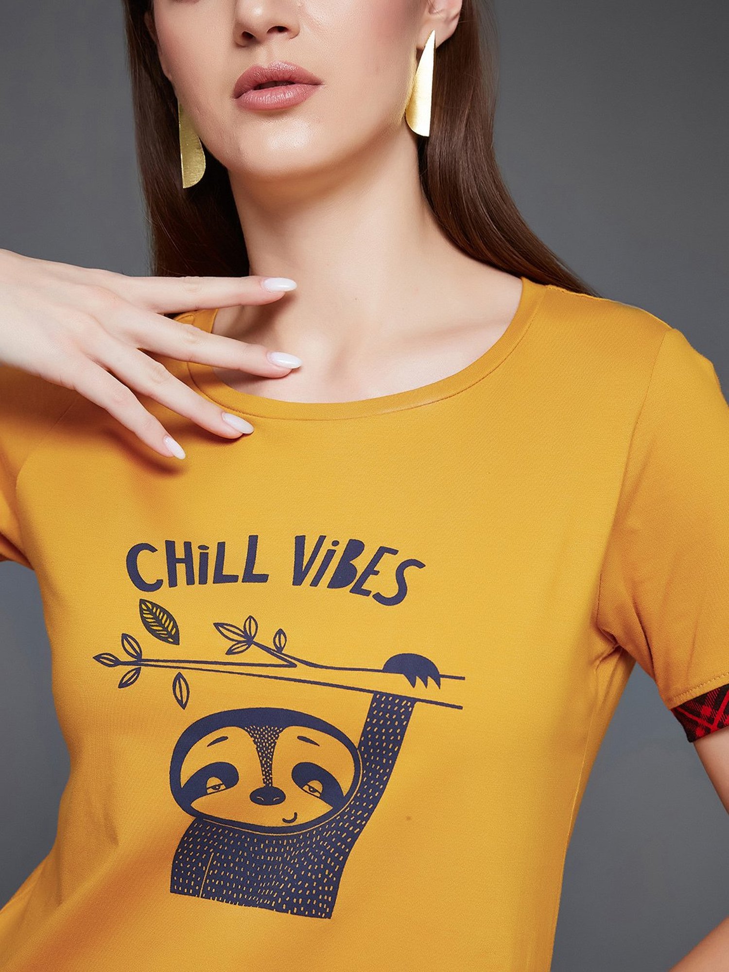 Miss Chase Yellow Cotton Graphic Print T-Shirt