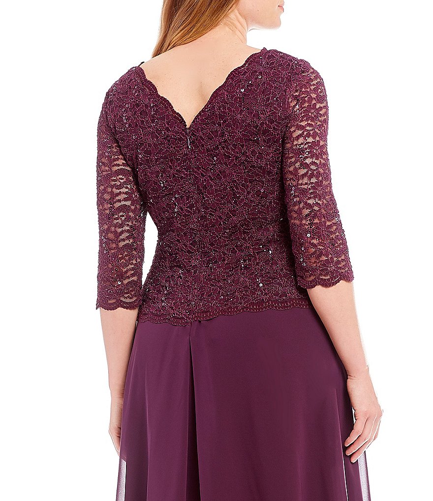 Alex Evenings Plus Size Sequin Lace 3/4 Illusion Sleeve Scallop Round Neck Bodice Chiffon Skirted Tea Length Dress