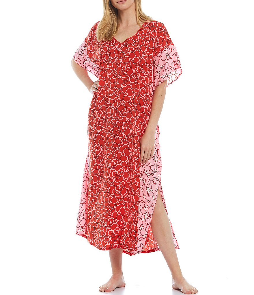 iRelax Printed Recycled-Knit Short Sleeve V-Neck Caftan