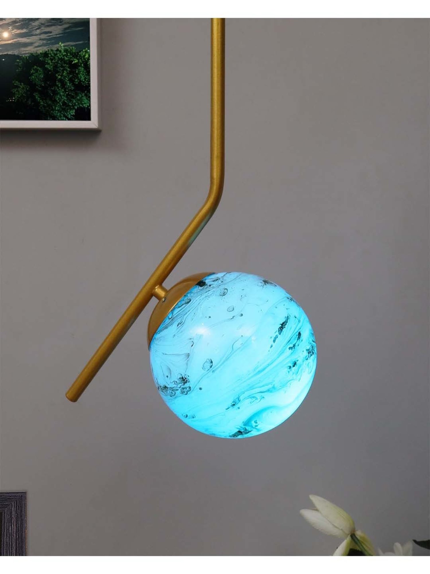 Homesake Modern Blue & Golden Metal Globe Lampshade Pendant Indoor Hanging Light - Set of 1