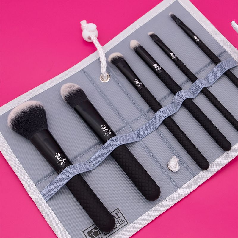 MODA Brush Pro 7pc Total Face Black Tavel Sized Makeup Brush Set with Travel Flip Case, Includes - Powder, Foundation, Angle Shader, and Brow/Liner Brushes