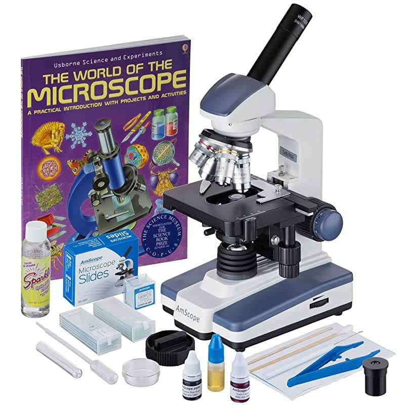 M620CSP14CLS50P100SWM 40X2500X LED Monocular Compound Microscope with Extensive Slide Preparation Kit and Book
