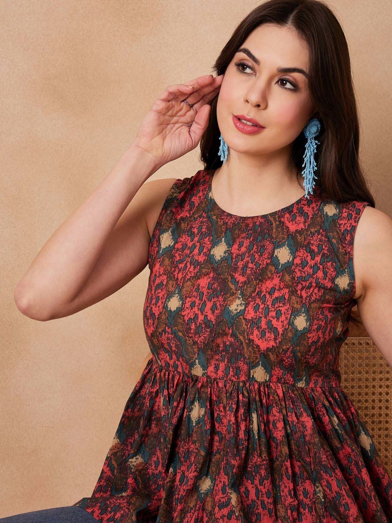 Inweave Coral & Brown Cotton Printed Top