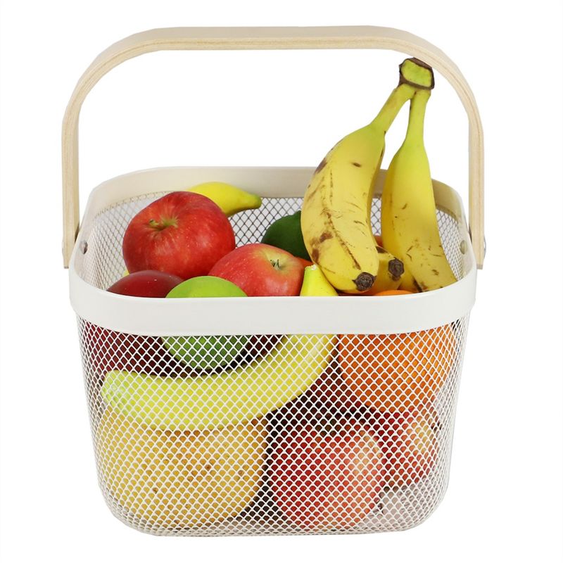 Home Basics Mesh Wire Basket with Wood Handle, Ivory