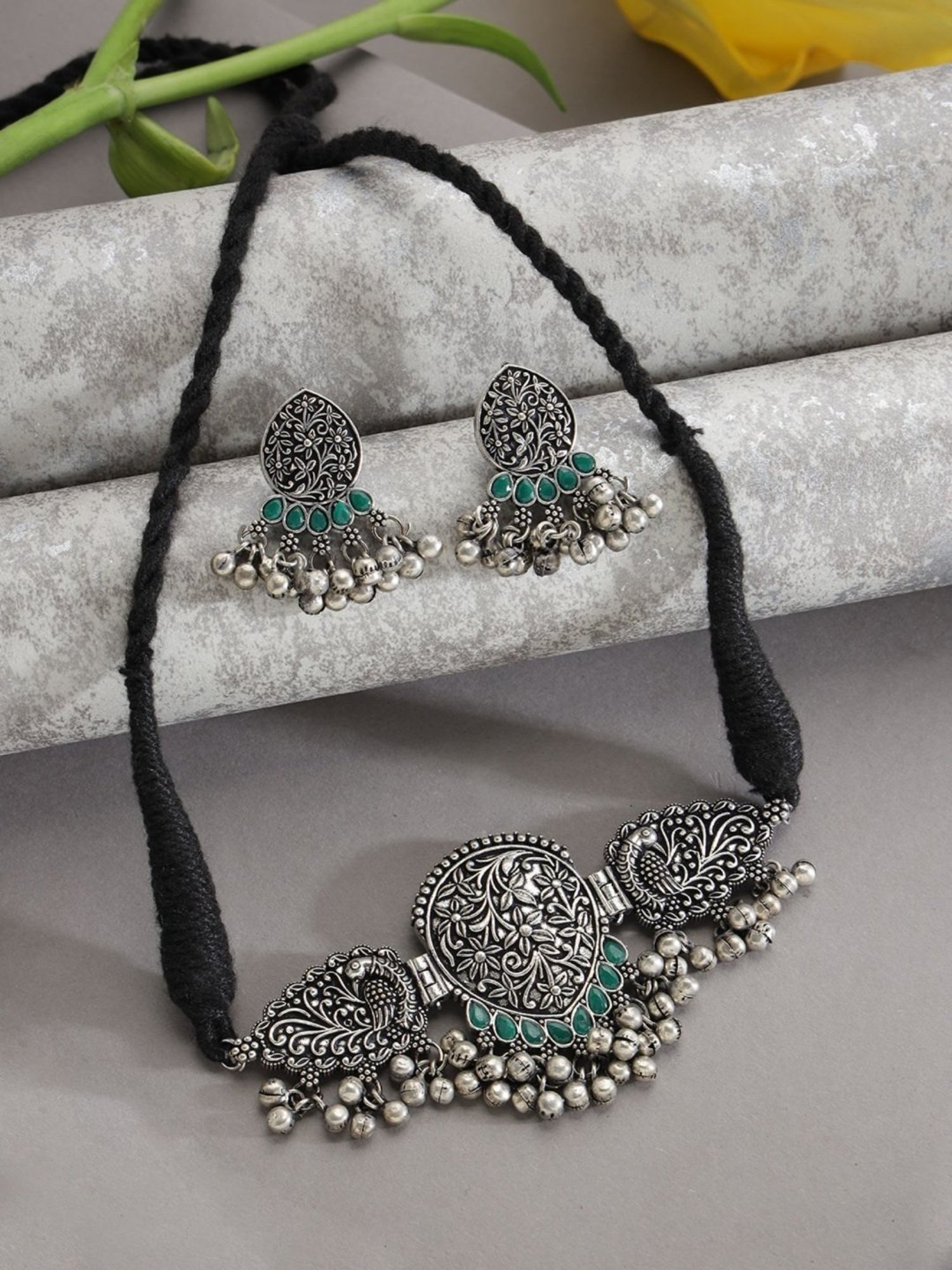 Aatmana Oxidized Silver-Plated Green Stone-Studded Peacock Shaped Necklace Set