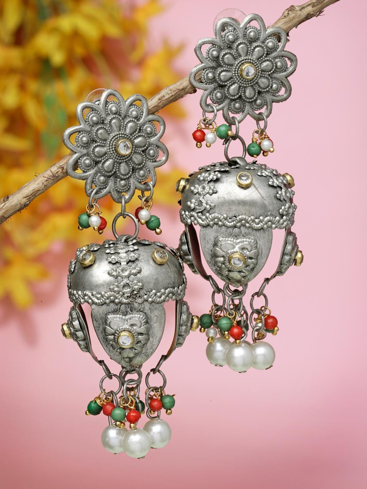Moedbuille Stones and Pearls Tasselled Design Filigree Work Oxidised Silver Plated Earrings
