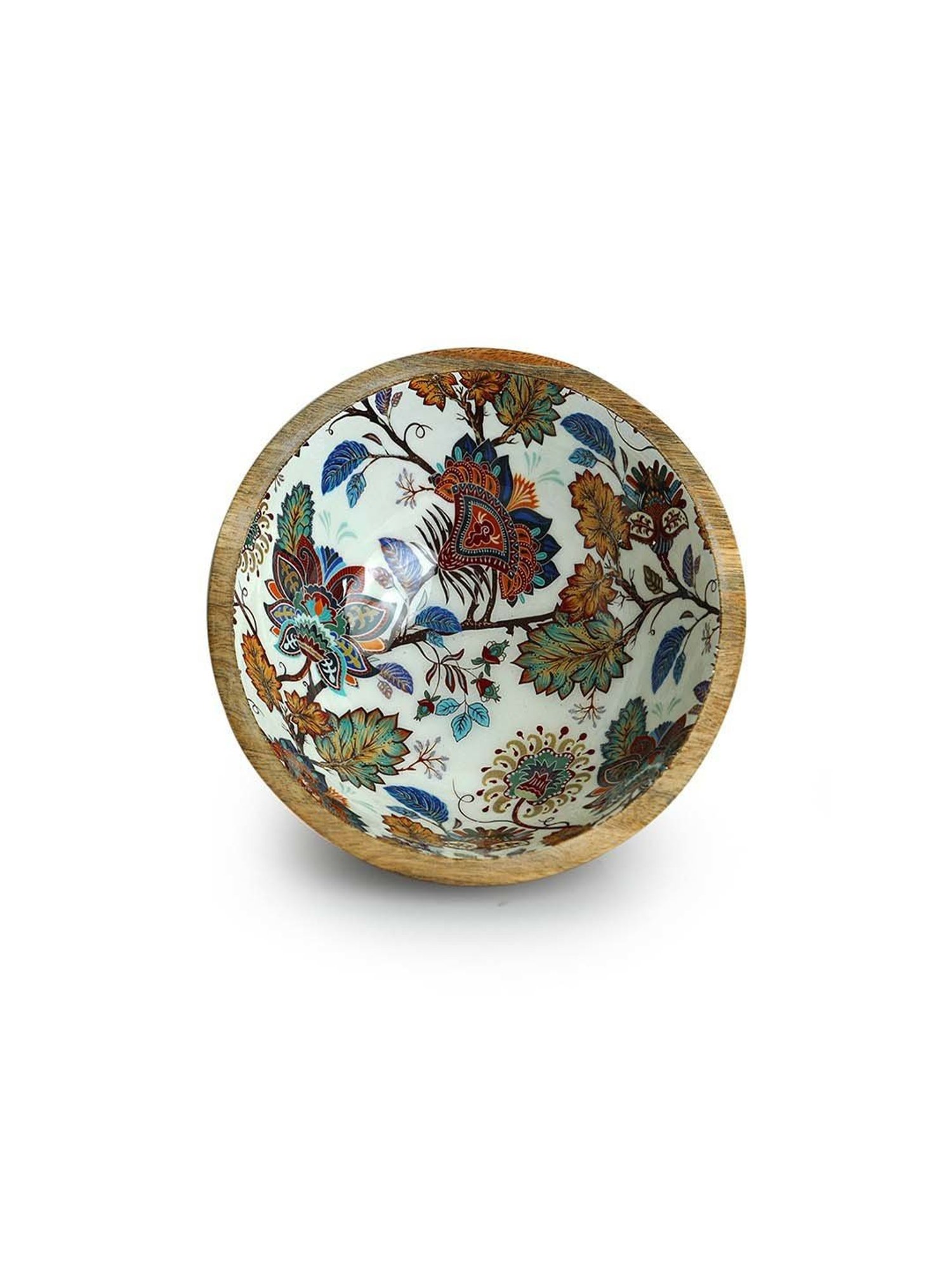 ExclusiveLane Multicolor Mango Wood Floral Chronicles' Handenamelled Serving Salad Bowl
