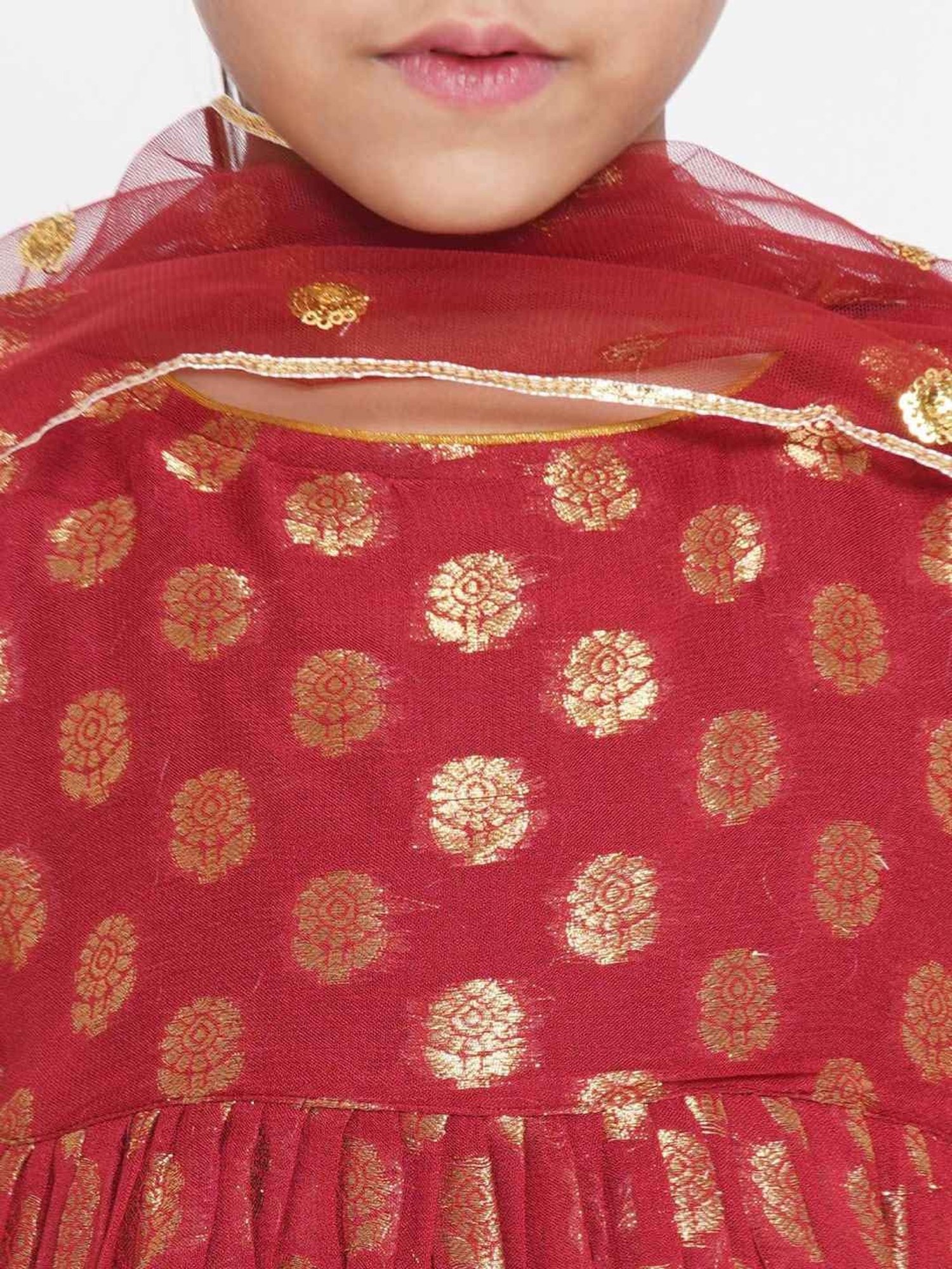 Little Bansi Maroon & Gold Cotton Embroidered Kurta Set
