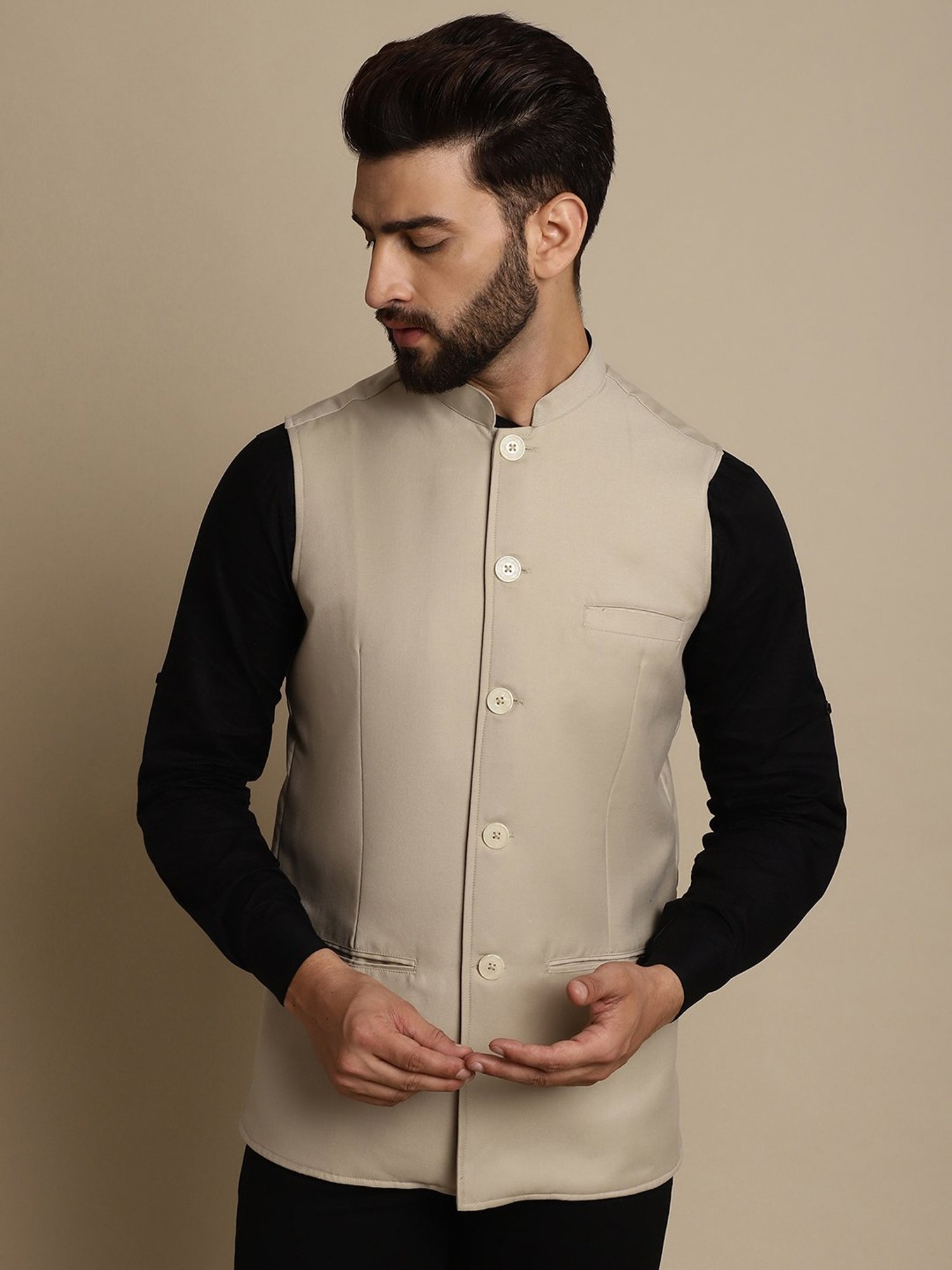 Even Cream Regular Fit Mandarin Collar Nehru Jacket