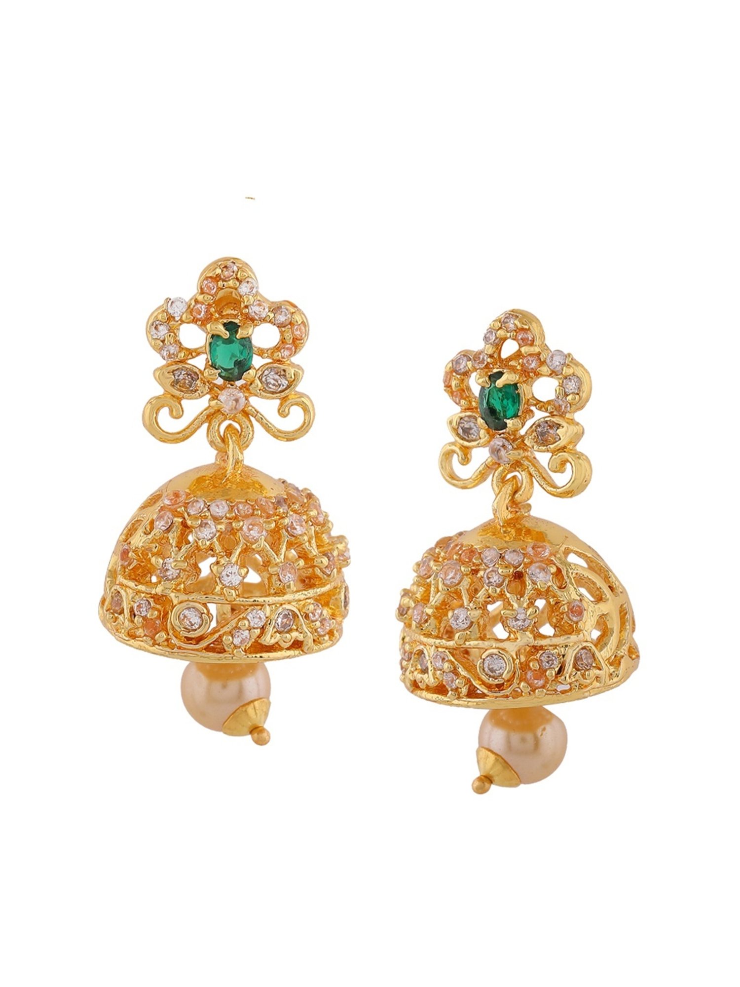 Estele Gold-Plated CZ Beautiful Pearls & Green Crystal Jhumki Earrings