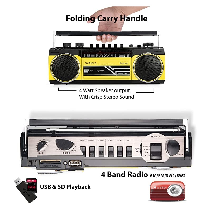 Cassette Boombox Retro Blueooth Boombox Cassette Player and Recorder AMFM SW1SW2 Radio4Band Radio USB and SD Yellow
