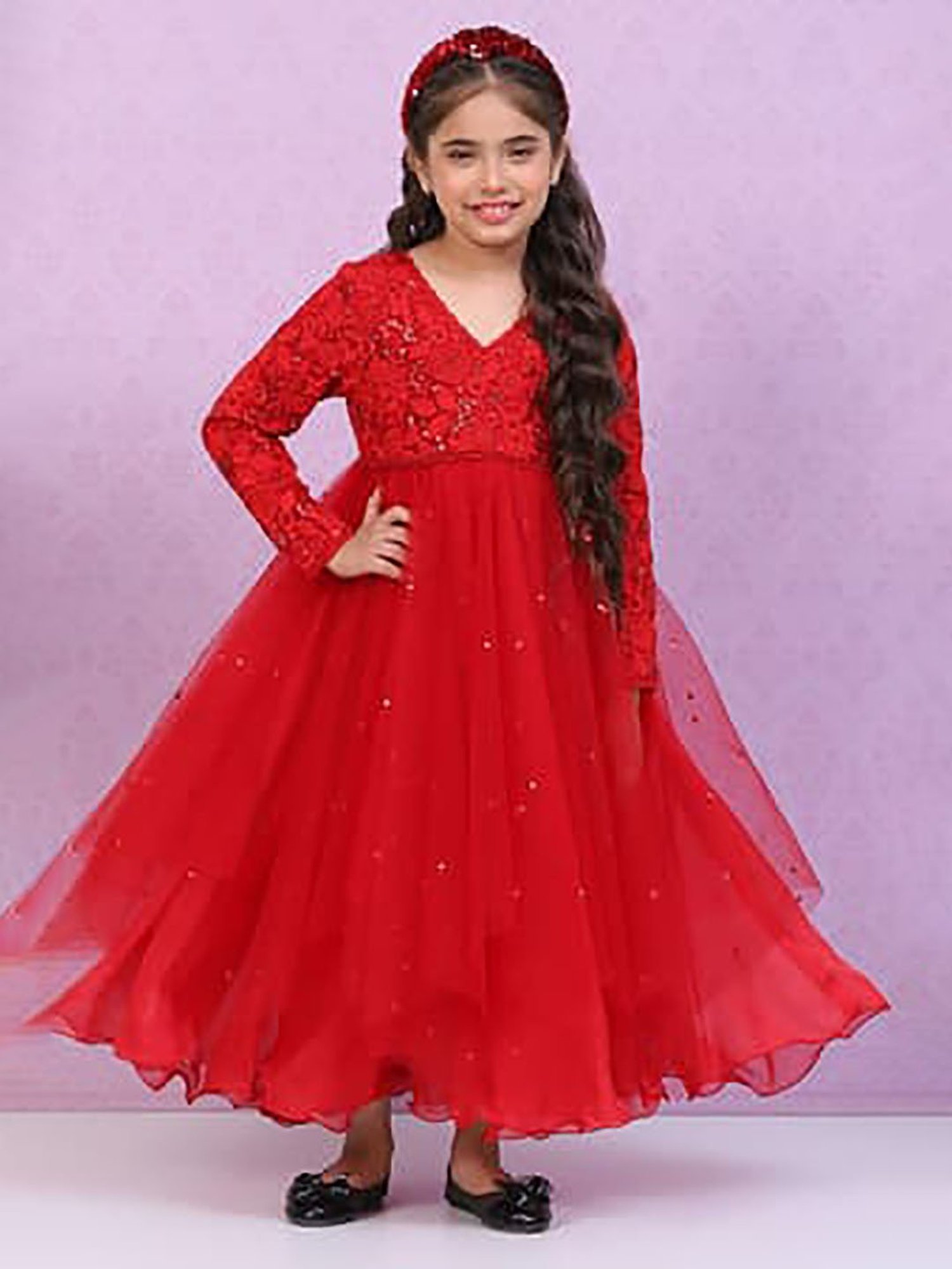 BIBA Girls Red Embroidered Full Sleeves Gown