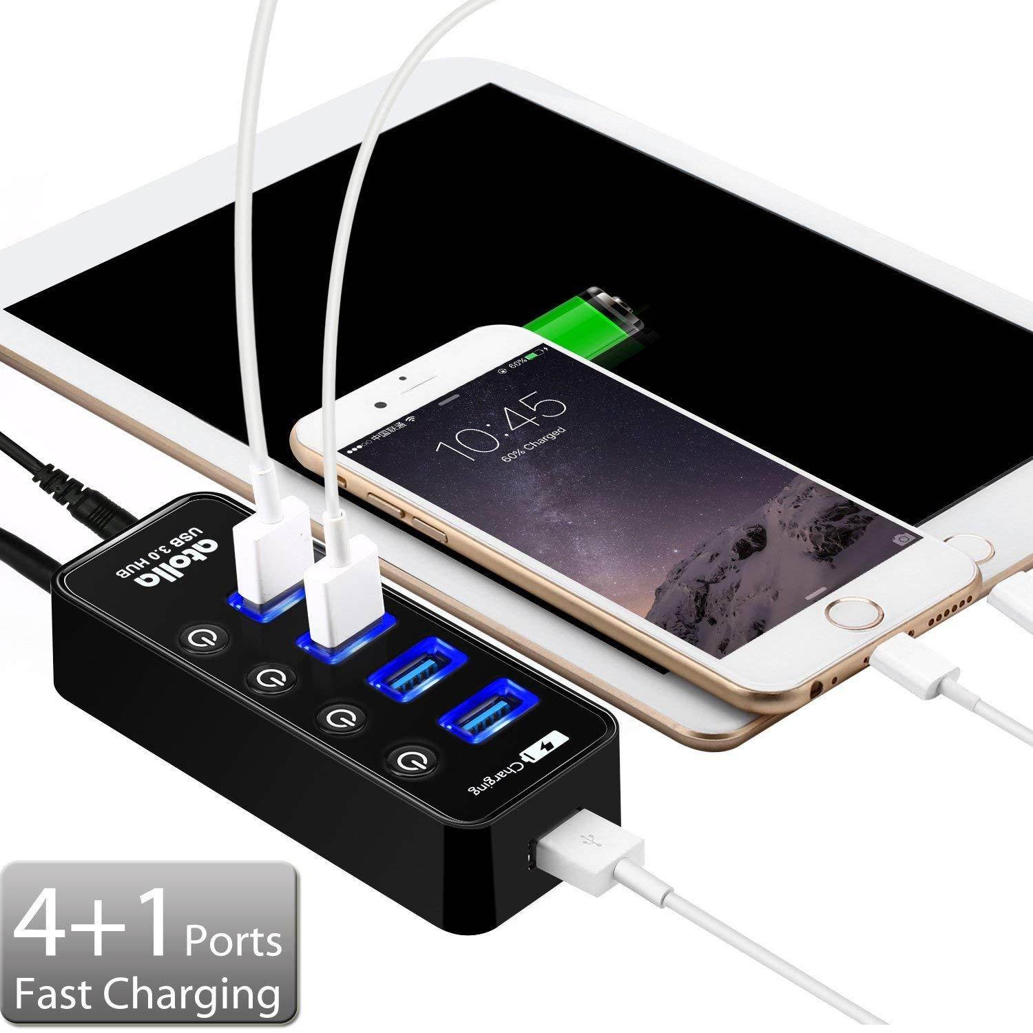 Powered USB Hub, atolla USB 3.0 Hub 4 + 1 Data Transfer and Charging Multiport with 15W (5V/3A) Power Supply Adapter and 3.3ft Meter USB 3 Extension Cable