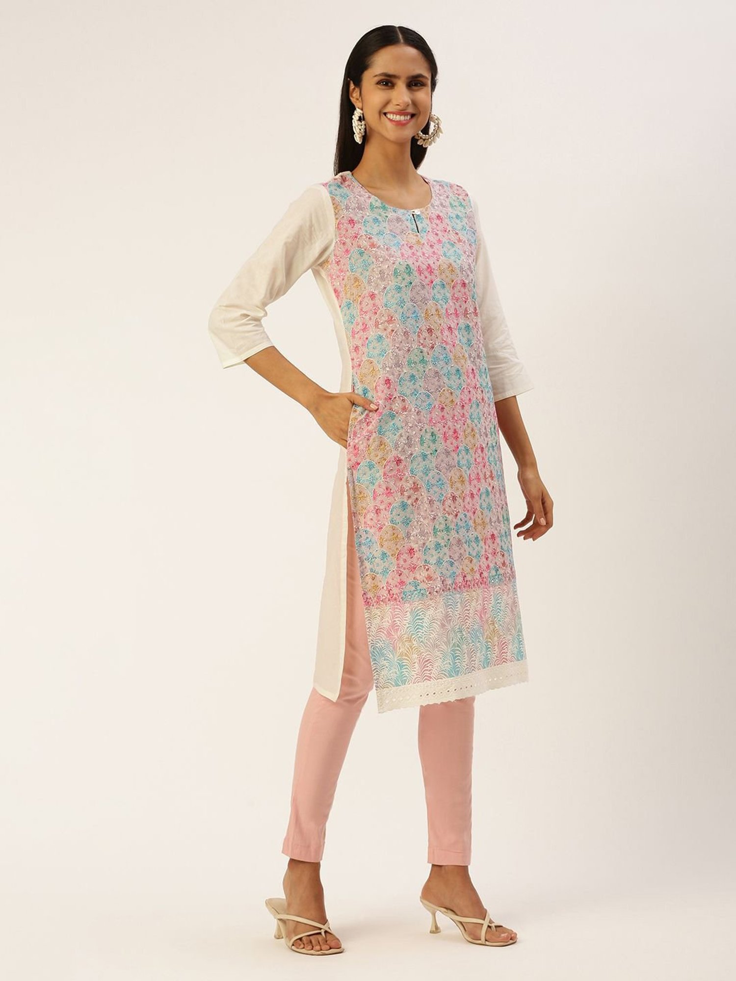 SHANVIKA Cream Embroidered Cotton Straight Kurta