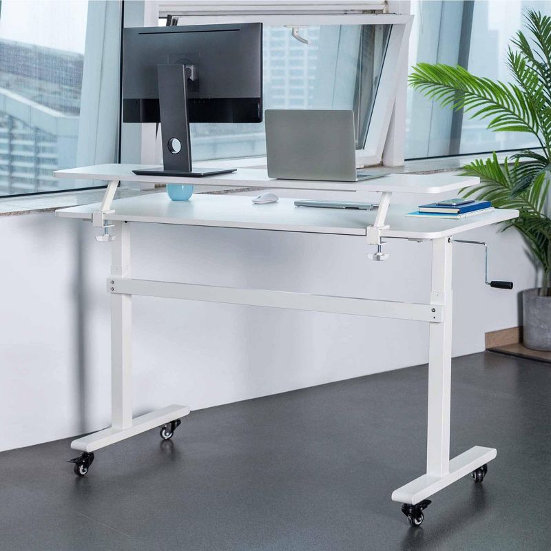 Tranzendesk Standing Desk with Clamp-On Shelf - 55" Sit to Stand Workstation with 55" Monitor Stand - White - Stand Steady