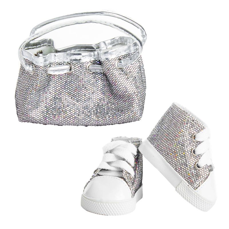 The Queen's Treasures 18" Doll Designer Silver Handbag & Shoes Accessory Set