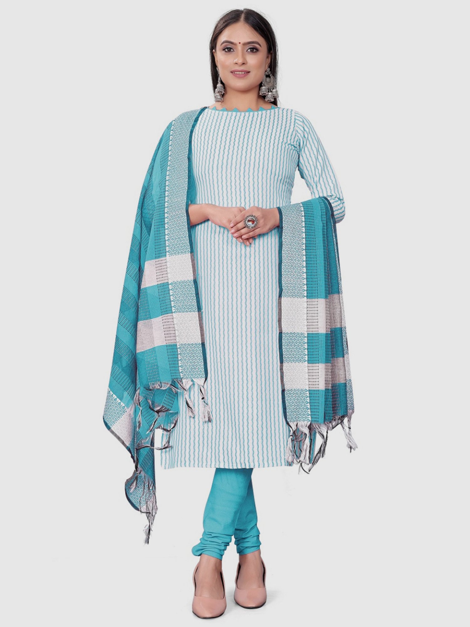 APNISHA White & Turquoise Cotton Striped Unstitched Dress Material