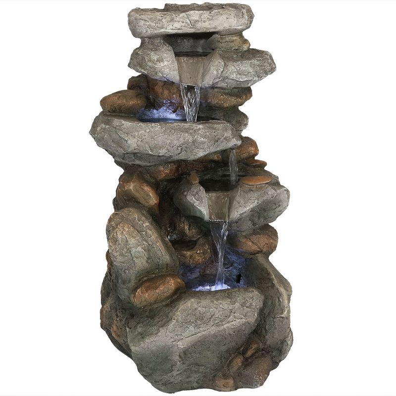 34"H Polystone Rock Falls Outdoor Fountain with LED Lights - Sunnydaze Decor