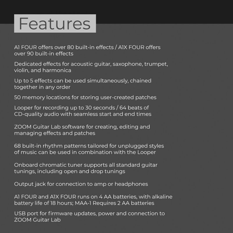 Zoom A1X FOUR Multi-Effects Processor with Cable, Power Supply & Cleaning Cloth