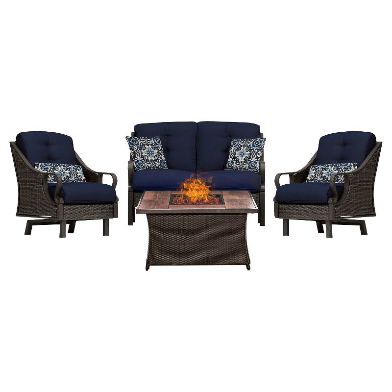 Venture 4pc All-Weather Wicker Patio Chat Set w/Fire Pit - Navy Blue - Hanover