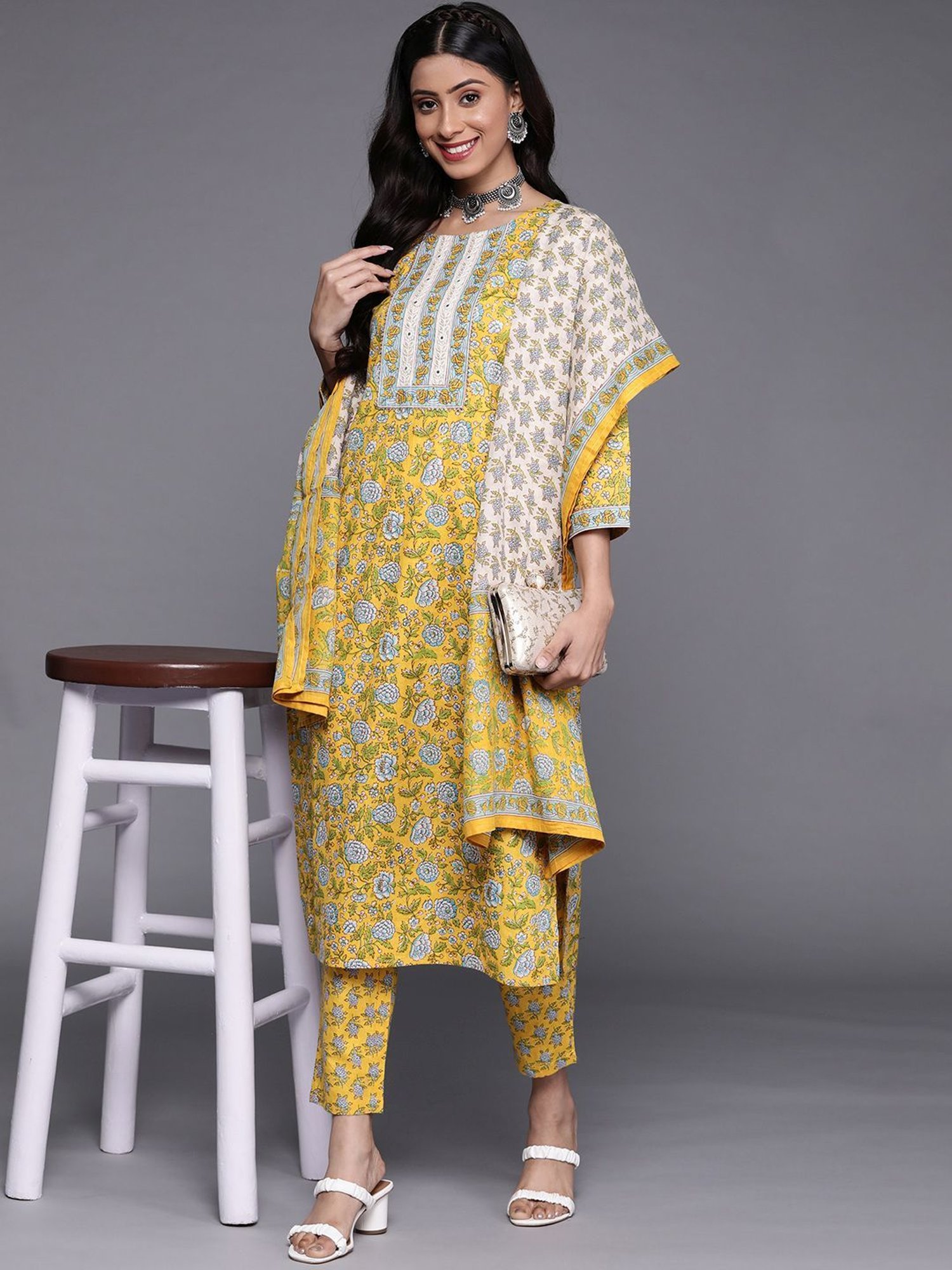 KSUT Yellow Cotton Printed Kurta Pant Set With Dupatta