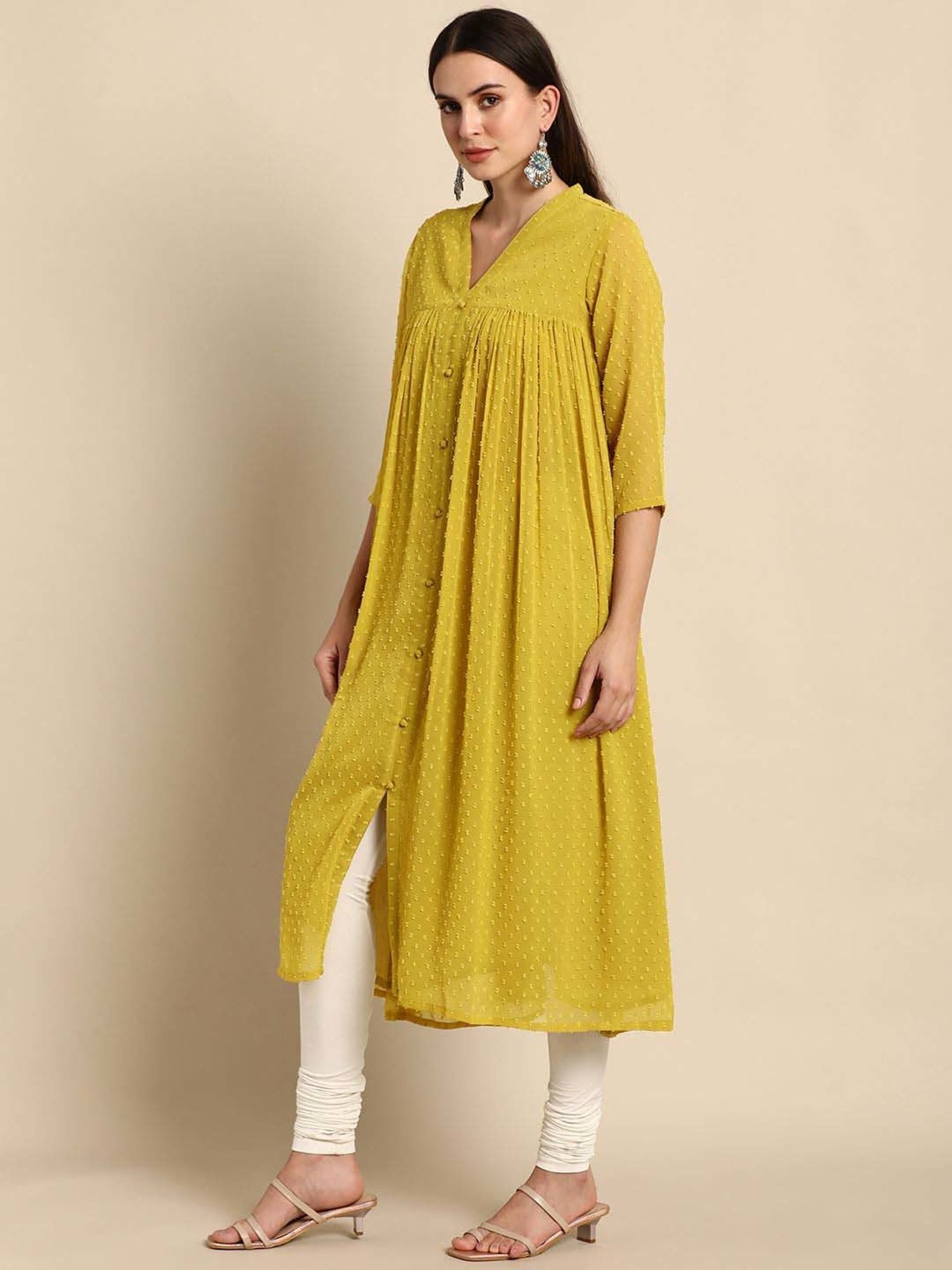Janasya Mustard Woven Pattern A Line Kurta