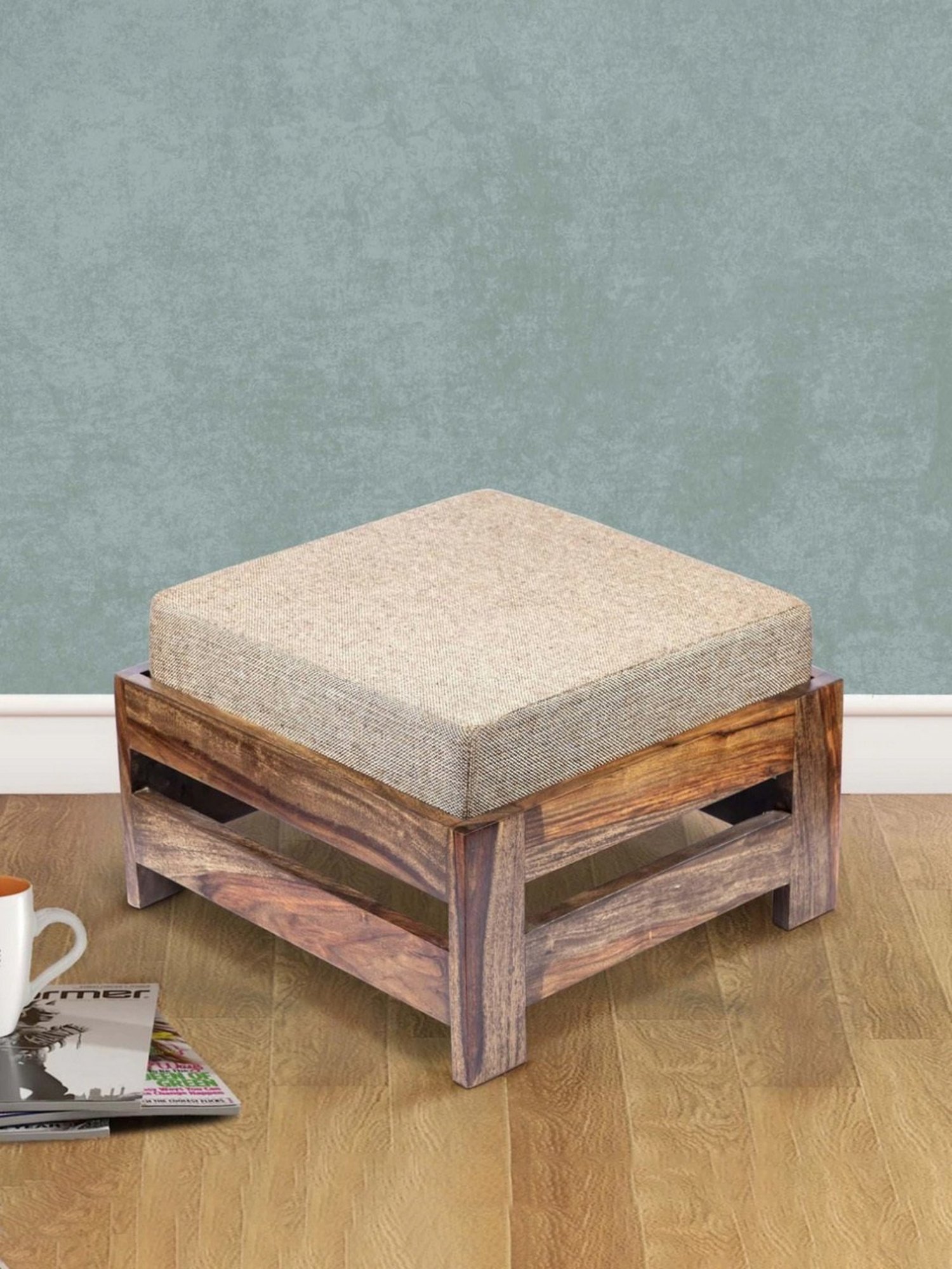 Chumbak Spring Marigold Floral Green Mango Wood Modern Trunk Storage Ottoman