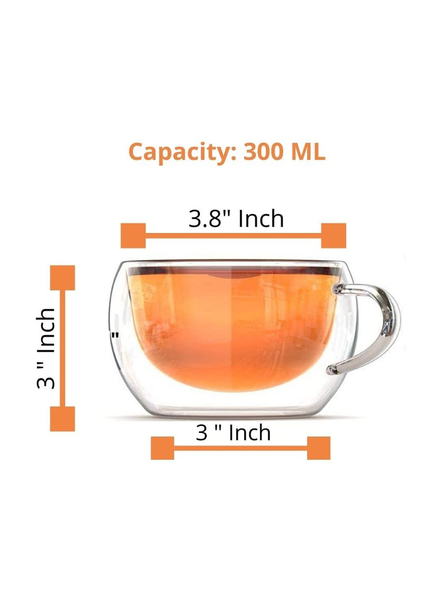 Femora Borosilicate Glass Double Wall Wide Tea Cup, Set of 2 pcs, Transparent, 300 ml