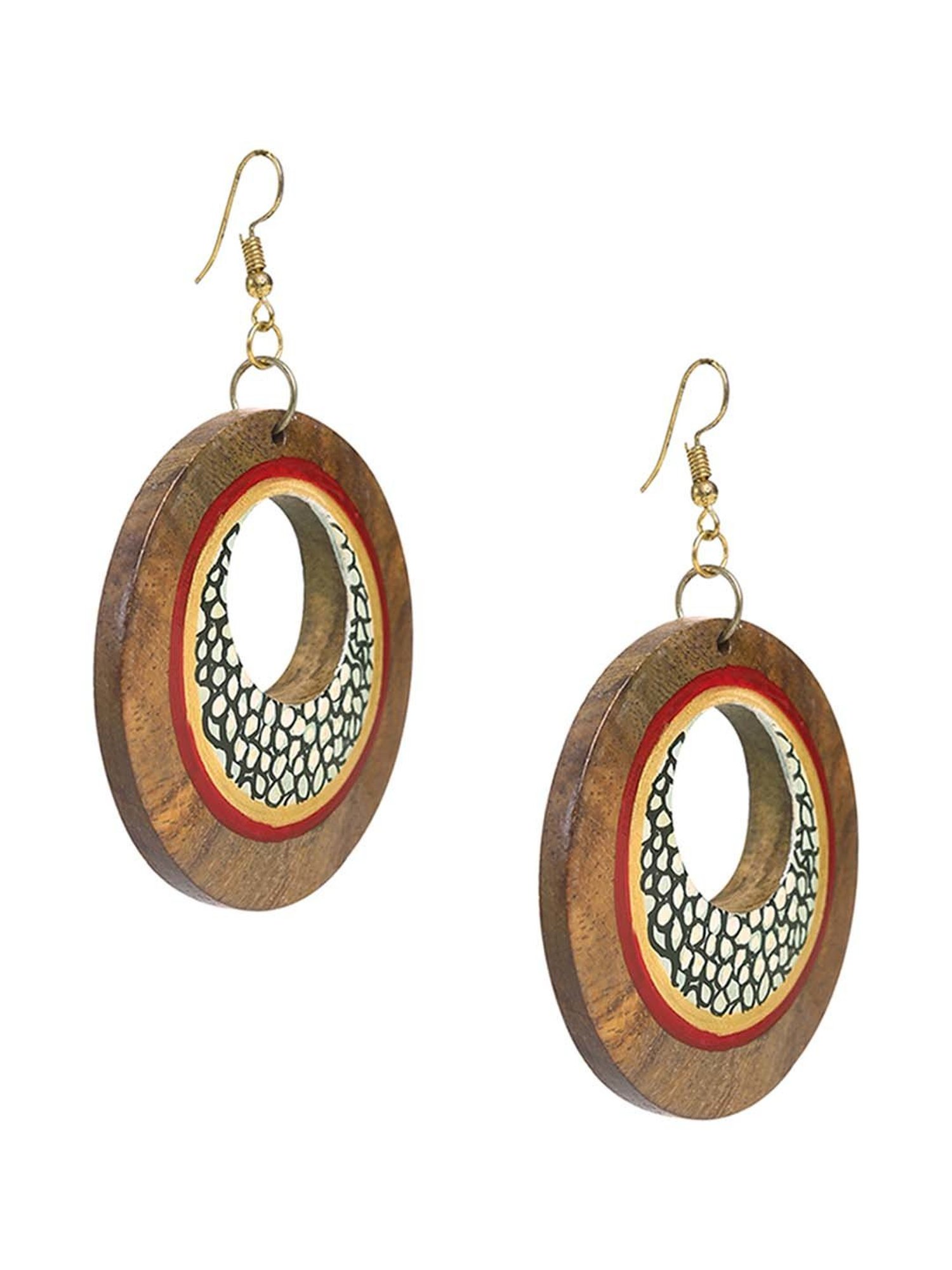 ExclusiveLane Handpainted Brown & Red Earrings in Mosaic Pattern (Sheesham Wood)