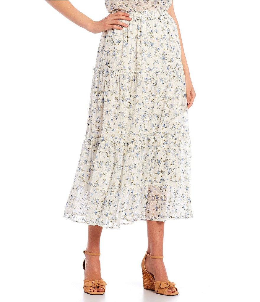 Blu Pepper Coordinating High Rise Floral Print Tiered Maxi Skirt