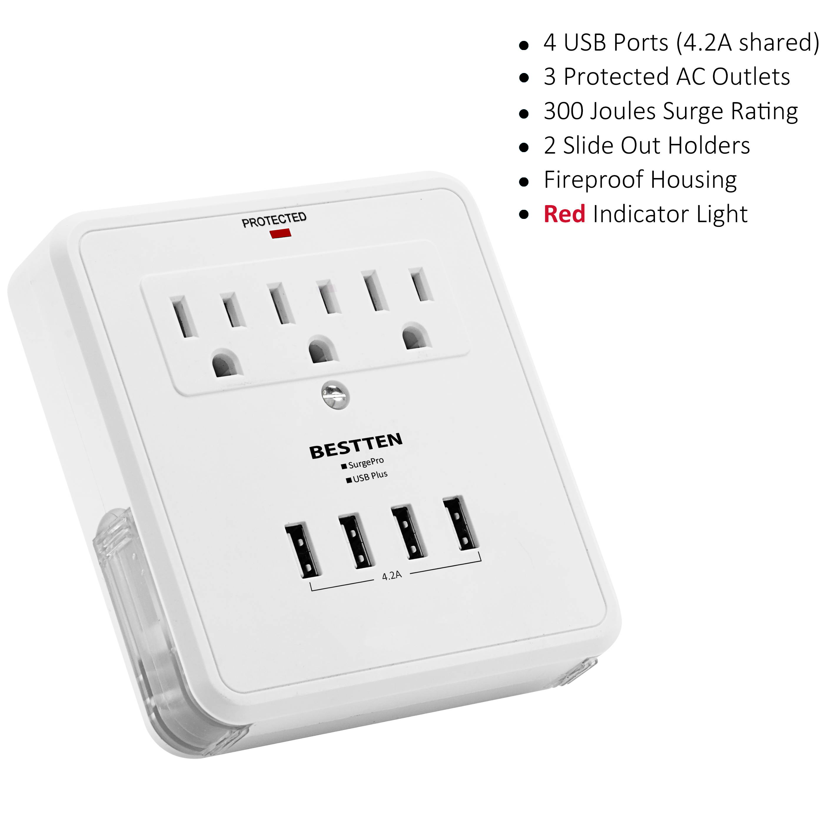 BESTTEN Outlet Extender with 4 USB Charging Ports (4.2A Total) and 3 AC Sockets, 300 Joule Surge Protector, Plug Multiplier with 2 Slide-Out Phone Holders, USB Cable Included, ETL Certified, White