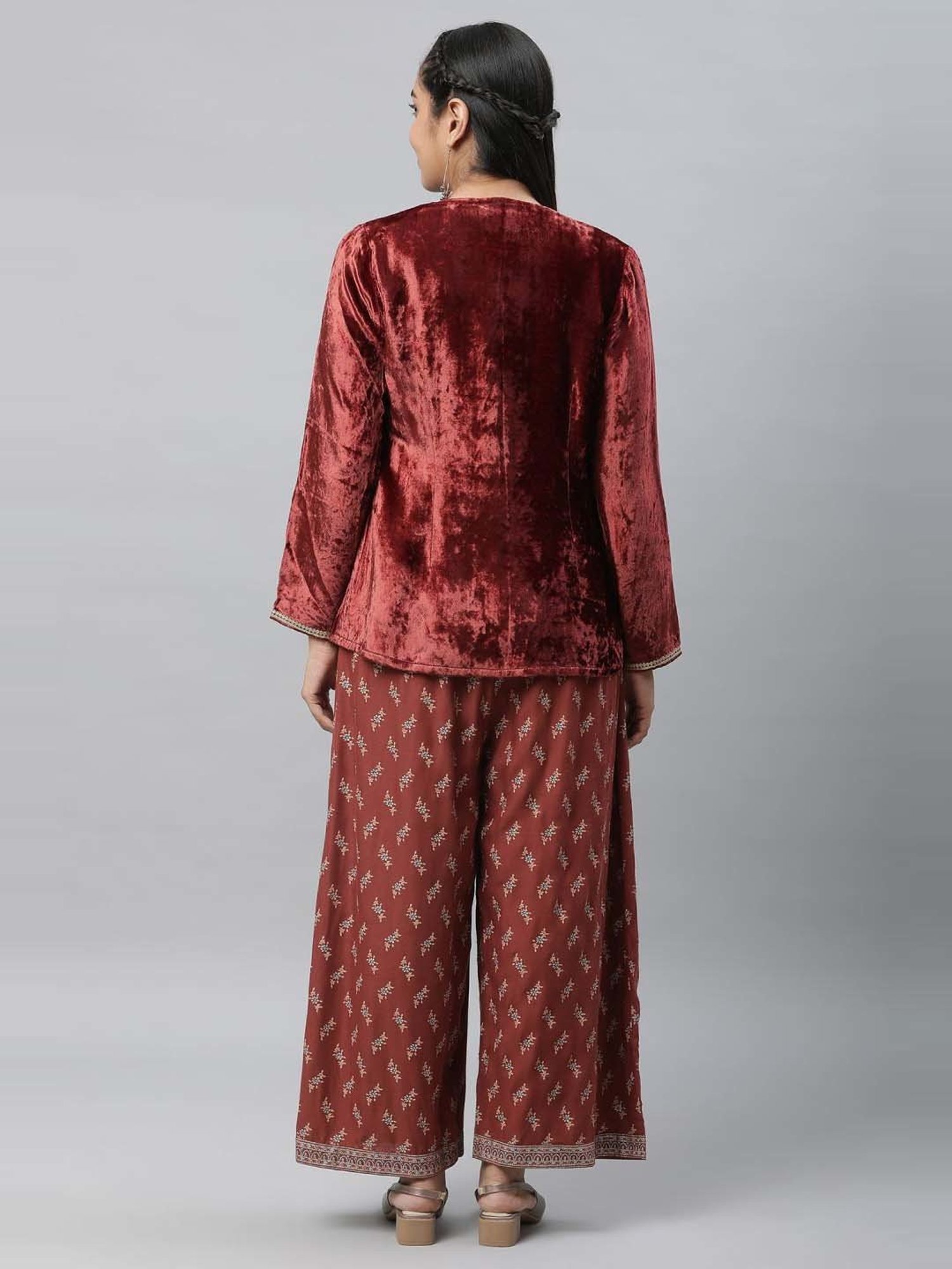 Aurelia Maroon Printed Jumpsuit With Jacket