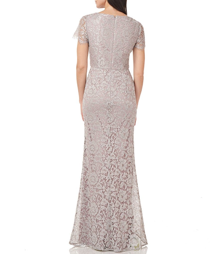 JS Collections Metallic Lace V-Neck Flutter Cap Sleeve Mermaid Gown