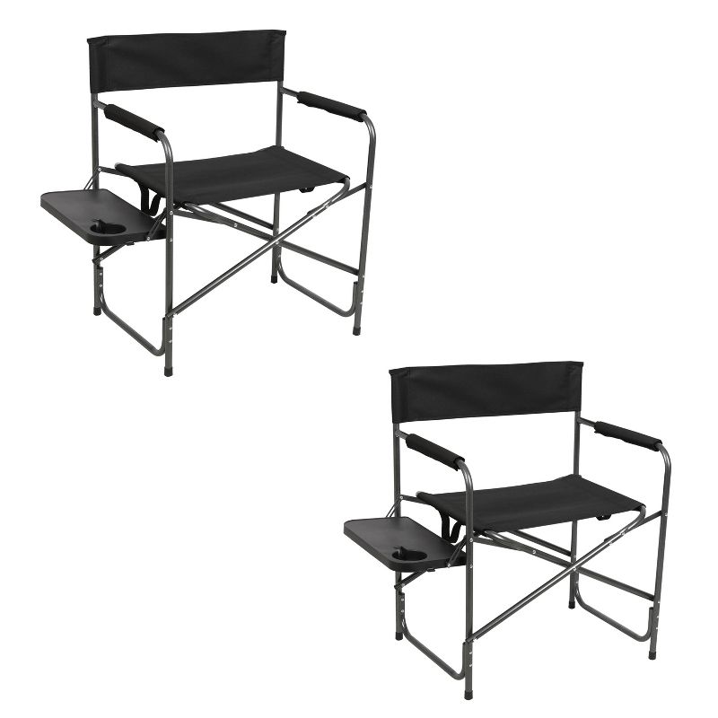Portal Indoor Outdoor Portable Lightweight Steel Frame Folding Camping Directors Chair with Side Table, Black (2 Pack)