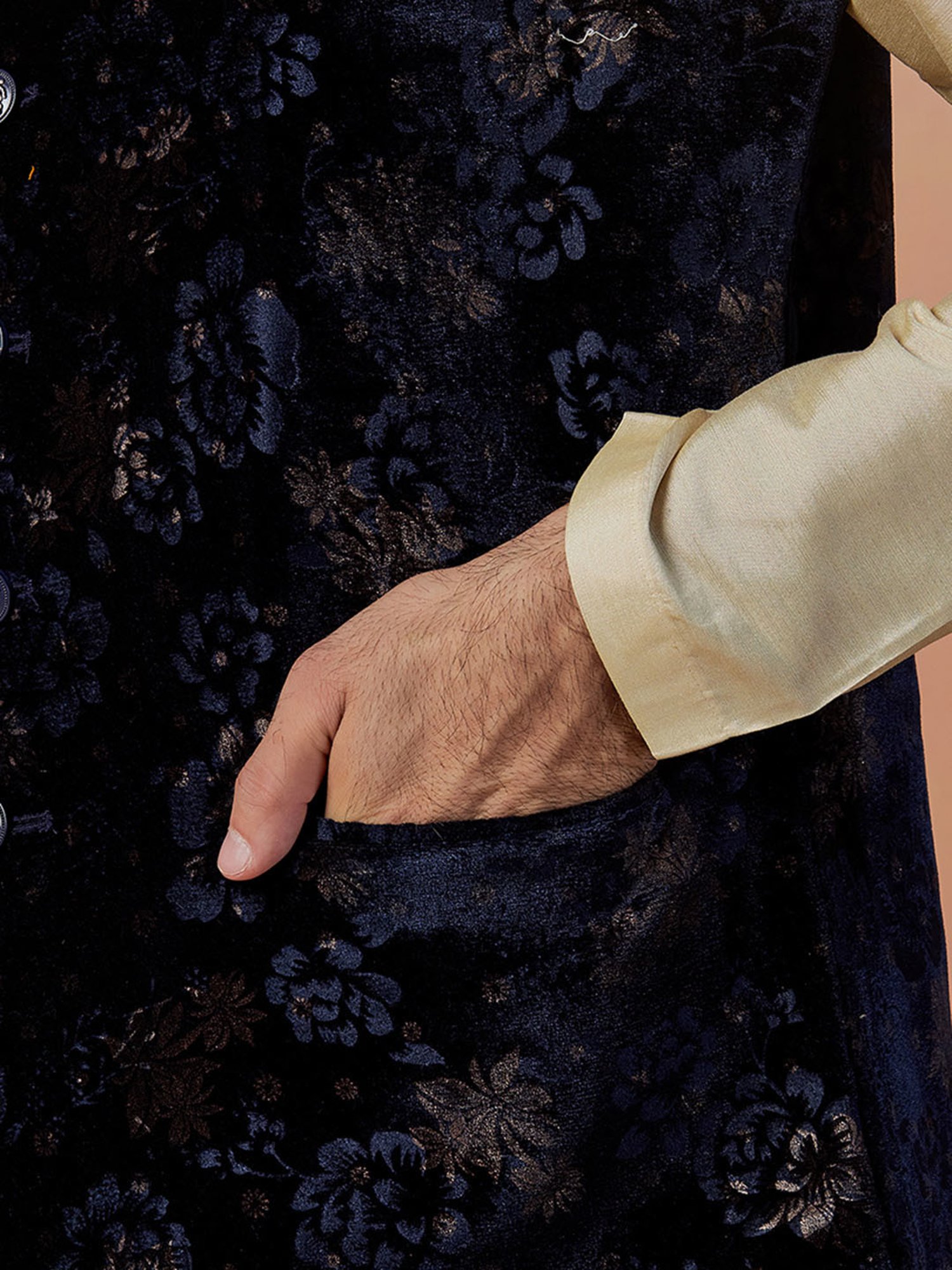 Manyavar Dark Navy Regular Fit Floral Print Nehru Jacket