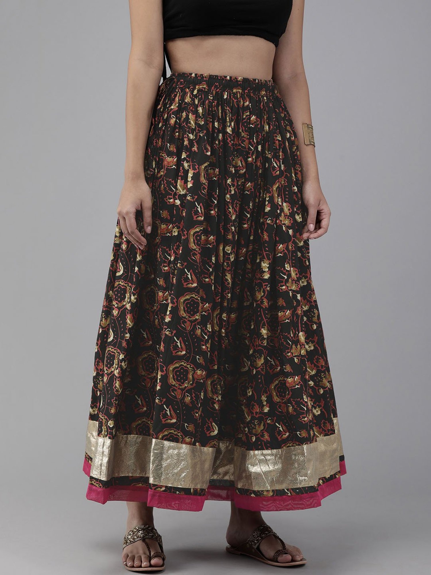Geroo Jaipur Black Hand Block Printed Skirt With Magzi Border