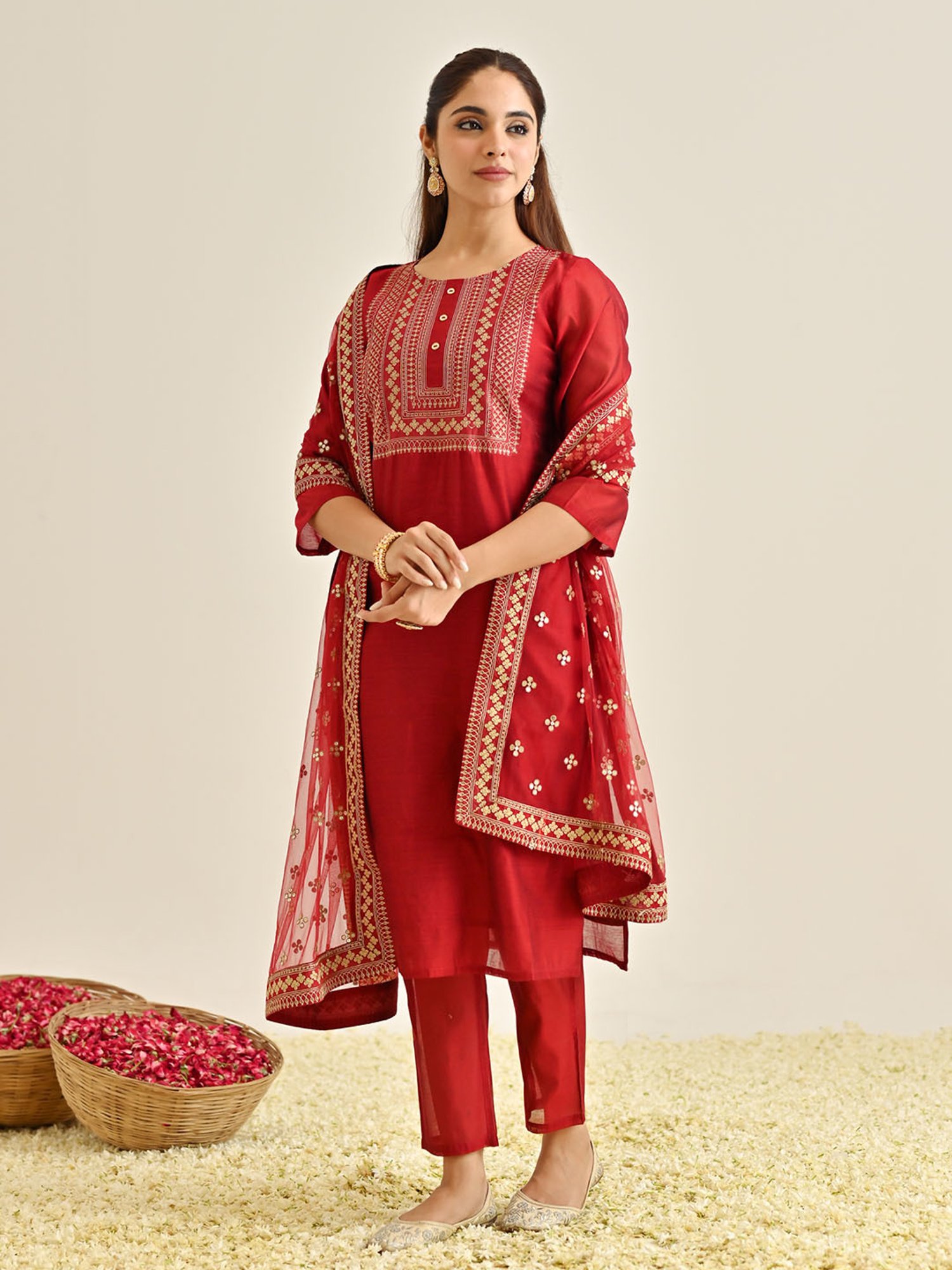 Rustorange Red Embroidered Kurta With Pant & Dupatta