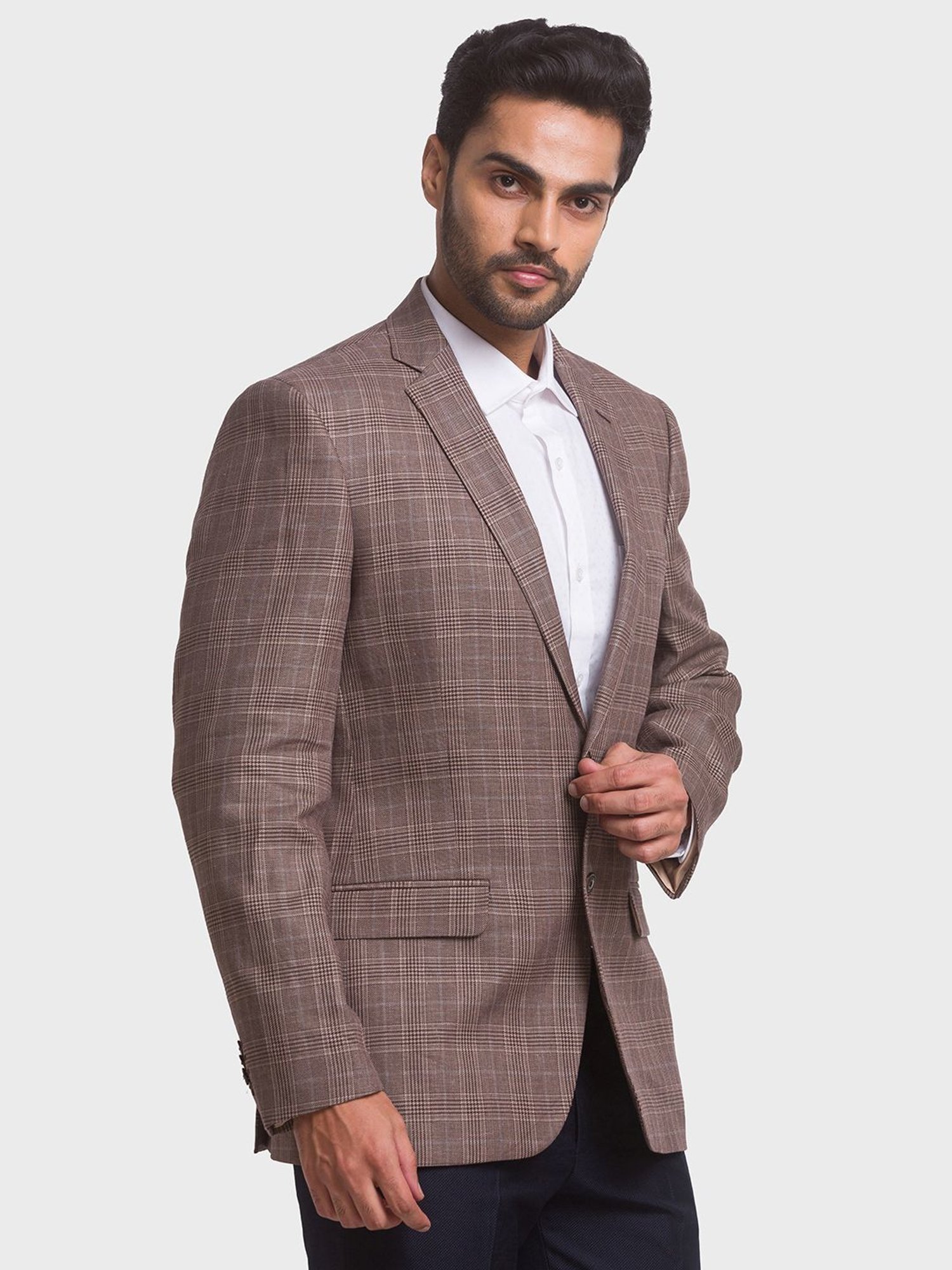 ColorPlus Brown Linen Regular Fit Checks Blazer