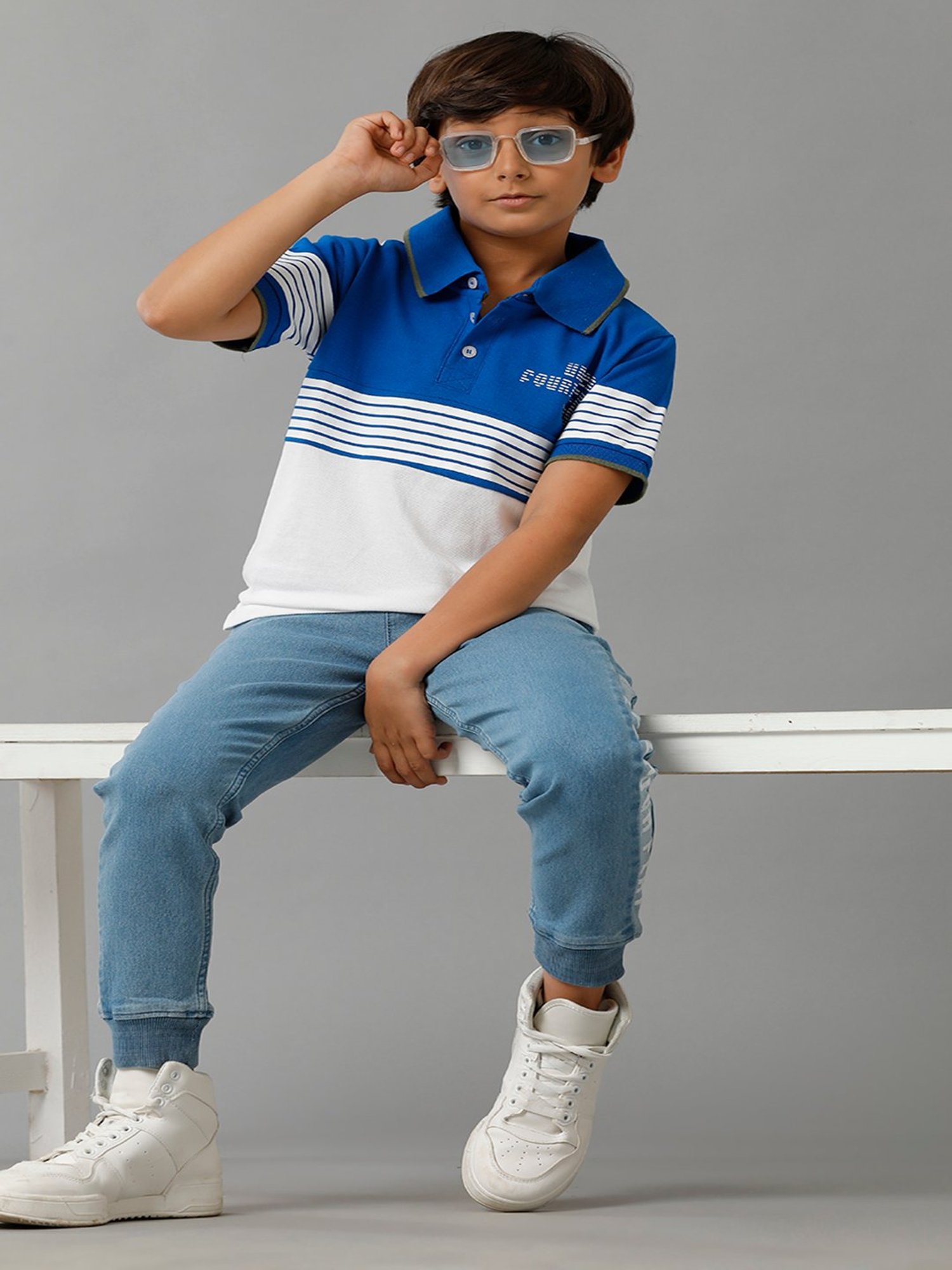 Under Fourteen Only Kids Blue & White Color Block Polo T-Shirt